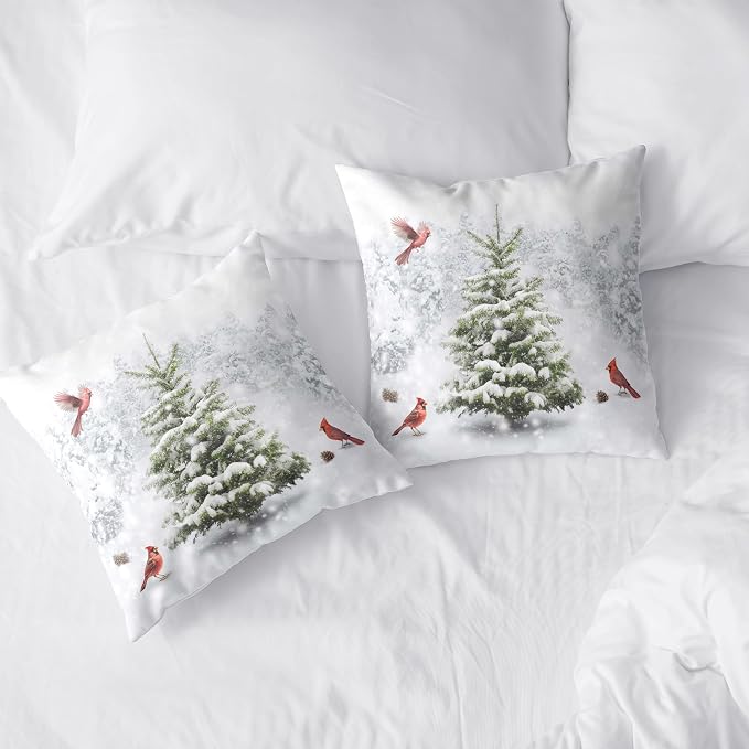 Winter Throw Pillow Covers 18X18 Snowy Natural Forest Decorative Pillow Case Set of 2 Green Pine Tree with Cardinal Birds Cushion Case for Couch Living Room Patio