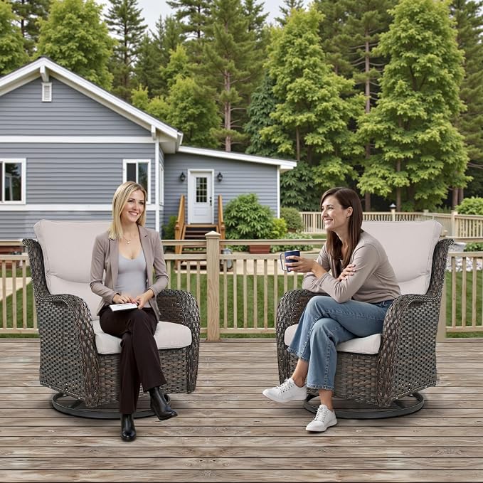 Outdoor Swivel Rocker Patio Chairs with 2 Ottomans - 5" Thick Cushion 5 Piece Furniture Set All Weather Wicker Conversation Set with Side Table for Porch Poolside and Deck - Brown/Beige