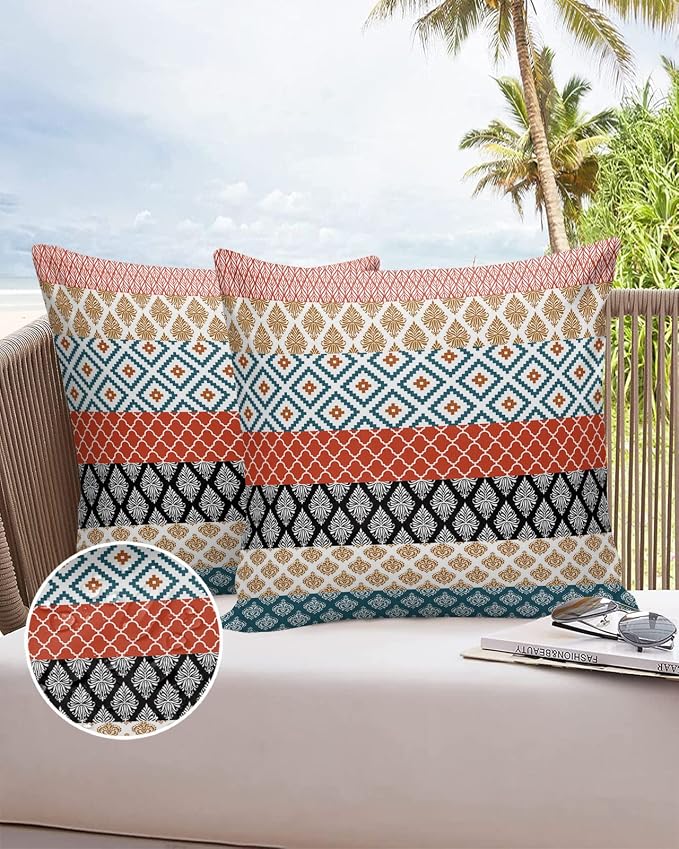 Outdoor Waterproof Throw Pillow Covers Boho Stripe Tribal Vingtage Lumbar Pillowcases Bohemian Style Pattern Decorative Pillows Cushion Case Patio Pillows for Couch Bed Garden 16 x 16 Inches