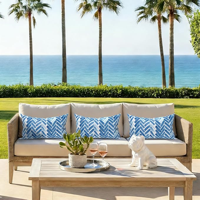 Pack of 2 Outdoor Lumbar Pillow Covers, All Weather Cushion Pillow Cases 12x20 Inch, Pillowcase for Patio Couch Decoration, Blue Bricks