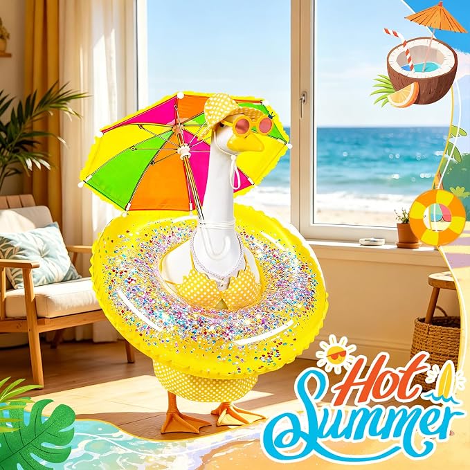 Hawaiian Porch Goose Outfits, 23 Inch Bikini Lawn Goose Summer Outfit with Swimsuit Float Ring Sunglasses Pearl Necklace Umbrella, Yellow Polka Dot Goose Clothes for Outdoor Garden