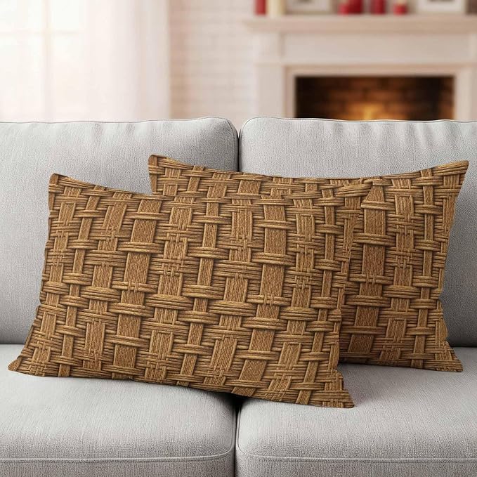 Vintage Rattan Waterproof Outdoor Pillow Covers 20''x12'' Set of 2, Minimalist Abstract Wicker Texture Brown Patio Furniture Cushion Covers for Chairs, Decorative Pillow Cases for Garden/Pool/Beach