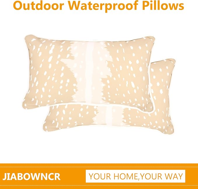 12x20 Inch Outdoor Lumbar Pillows, 4-Pack with Built-in Inserts. One-Piece Zipper-Free Design, Supportive, Fade & Water Resistant for Patio, Porch, Couch and Office Chair, Beige Fawn Print