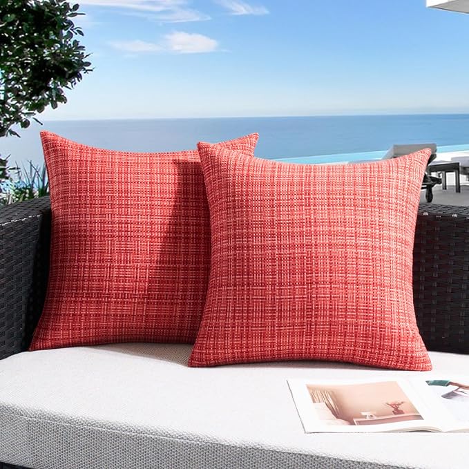 UGASA Outdoor Waterproof Throw Pillow Covers Pack of 2 Patio Water Resistant Pillow Cases Summer Woven Texture Decorative for Outside Garden Porch Yard Bench Tent 20x20 Inch, Red