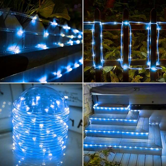 Jnaurb Solar Rope Lights, 33ft 100LED Solar String Lights, 8 Modes Waterproof Solar Outdoor Light, Flexible Clear Trampoline Light for Garden Backyard Patio Deck Porch, Pool Tree Decoration - Blue