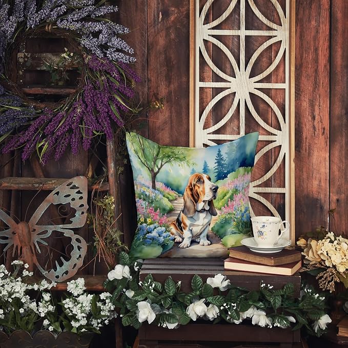 Caroline's Treasures Basset Hound Spring Garden Throw Pillow Machine Washable, Indoor Outdoor Decorative Pillow for Couch, Bed or Patio, 18Hx18W