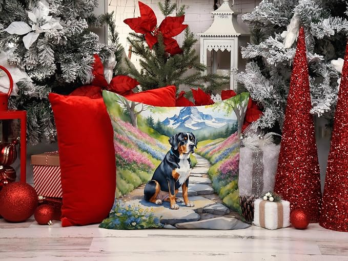 Caroline's Treasures Greater Swiss Mountain Dog Spring Path Throw Pillow Machine Washable, Indoor Outdoor Decorative Pillow for Couch, Bed or Patio, 14Hx14W