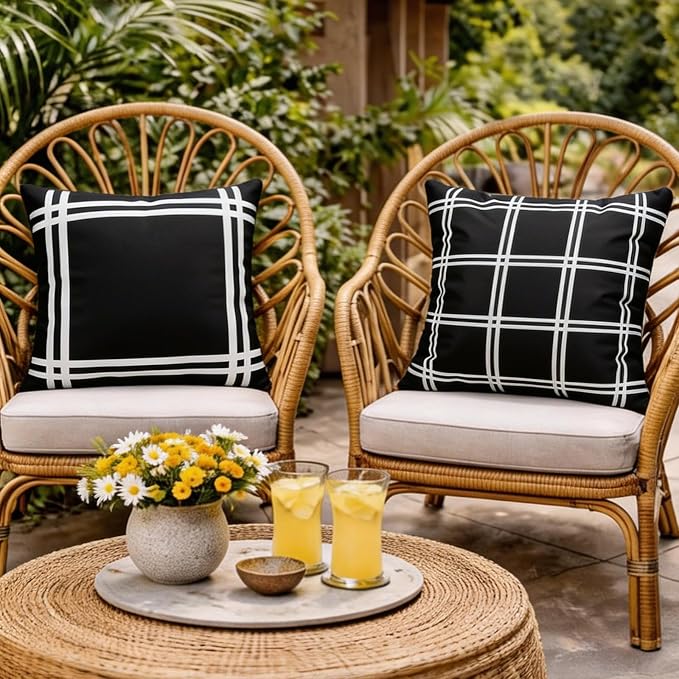 Set of 2 Outdoor Waterproof Pillow Covers 18x18 Black White Plaid | Classic Black and White Plaid Pattern Brings Farmhouse Charm to Indoor and Outdoor Decor