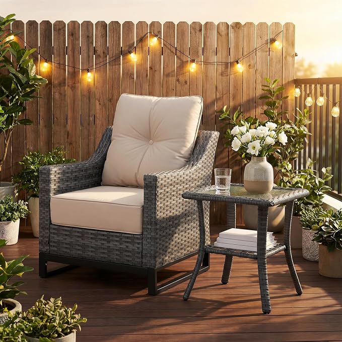 3 Pieces Patio Furniture Set with 6" Thick Cushions, All Weather Outdoor Wicker Swivel Rocker Chairs Set of 2 with Table for Porch Yard Deck