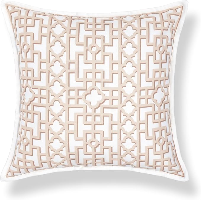 Hofdeco Premium Coastal Hampton Patio Indoor Outdoor Throw Pillow Cover Only, 20"x20" Water Repellent for Backyard, Couch, Poolside, Neutral Tan Print Fretwork Trellised Screen