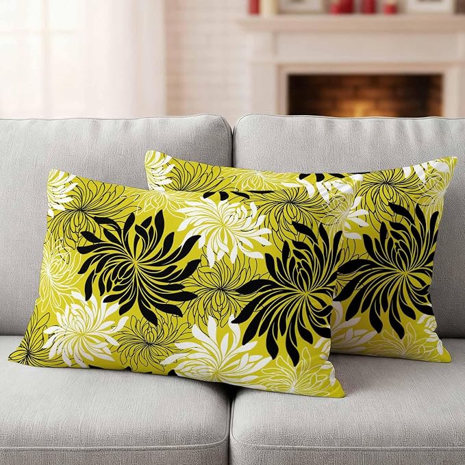 Yukro Yellow Black Floral Outdoor Waterproof Pillow Covers Pack of 2, Vintage Yellow White Black Flower Decorative Throw Pillowcases Cushion Covers for Garden Patio Tent Sofa Couch, 20x12 inch