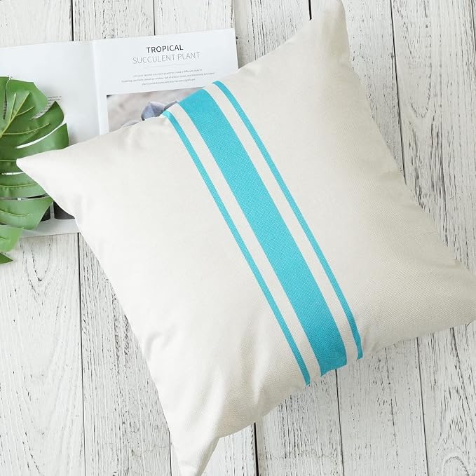 ONWAY Outdoor Pillow Covers Waterproof 20x20 Set of 2 Decorative Linen Throw Pillow Cover Beige and Blue Striped Outdoor Pillows for Patio Furniture