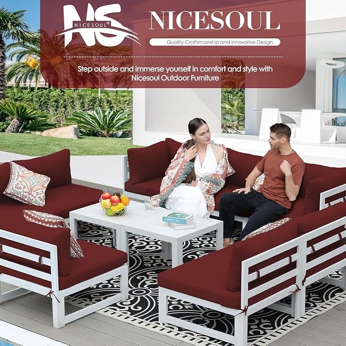 NICESOUL 14 Piece Luxury Aluminum Outdoor Sectional Sofa with End Table, L Shaped Oversized Modular Patio Furniture Set, 29" Deep Wide Seating, 500 lbs Heavy Duty Conversation Set for Backyard, Red