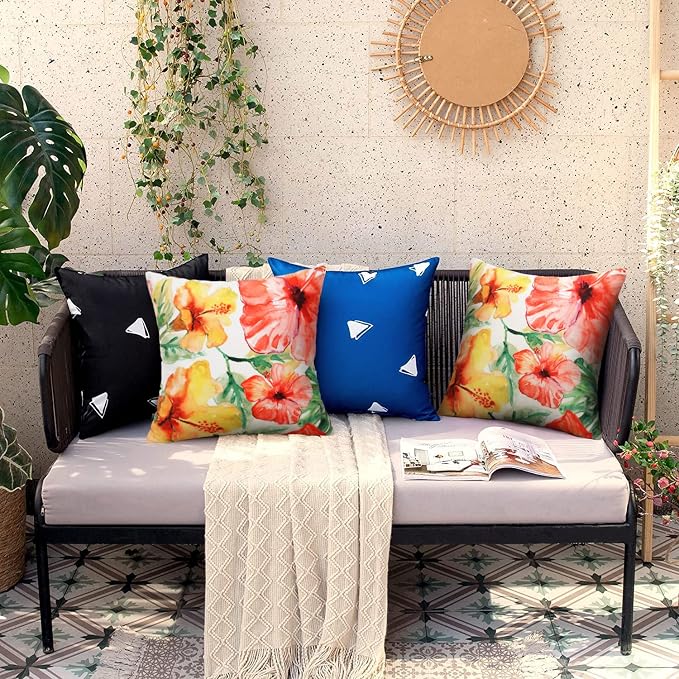 Pyonic Outdoor Pillow Covers Pack of 2 Red Yellow Floral Waterproof Throw Pillow Covers 18X18 inch Outdoor Pillows for Patio Furniture Garden Square Outside Waterproof Pillow