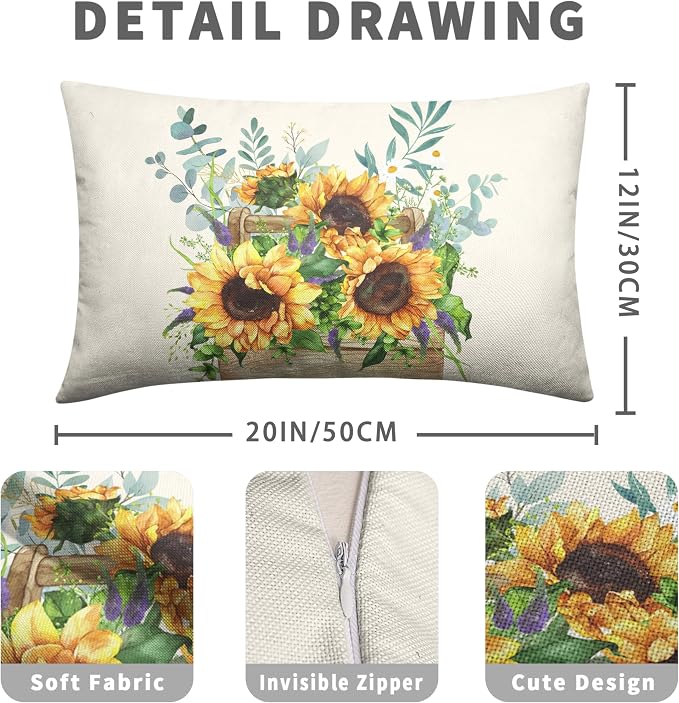 Sunflower Lumbar Pillow Covers Set of 2 Spring Summer Floral Rectangle Throw Pillow Covers 12x20 Flower Decorative Waist Pillowcase for Farmhouse Couch Outdoor