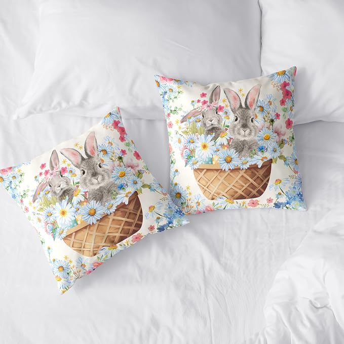 Easter Bunny Pillow Covers 20x20 Spring Rabbit Daisy Floral Throw Pillow Covers A Basket Filled with Lovely Bunny and Flowers Pillowcase Cushion Case for Sofa Patio Garden 2 Pack