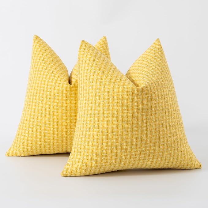 Kevin Textile Outdoor Waterproof 16"x16" Pillow Covers 2 Pack, Yellow | Water Resistant Weaving Faux Linen Texture Throw Pillow Covers, Outside Decorative Pillowcases for Garden Patio Balcony Couch