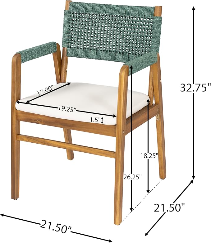 Christopher Knight Home Sky Acacia Wood Dining Table Set for 8, 9 Piece Patio Extendable Dining Table and Dining Chairs Set of 8 with Cushions & Rope Accents, Patio Furniture Set, Teak+Beige+Green