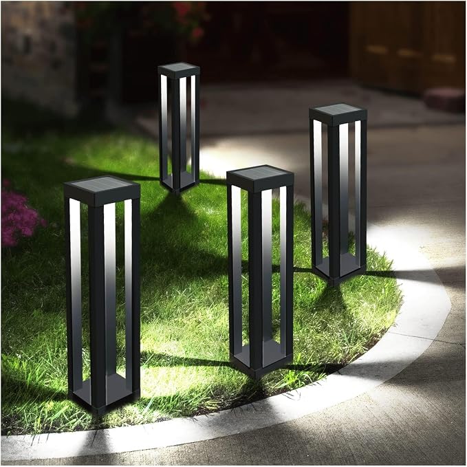 Outdoor Solar Pathway Lights, Modern Landscape Floor Lamps, 4-Pack | Four 18.9-in stainless steel lights for walkways and garden borders; solar powered, automatic at dusk and IP65 waterproof