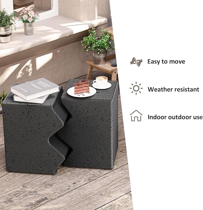 HOMPUS Outdoor Concrete Side Table w Spotted, Set of 2 Patio End Table Modern Vintage MgO, Lightweight Functional Combine Accent Table for Indoor Outdoor Use, Garden, Deck, Poolside, Dark Grey