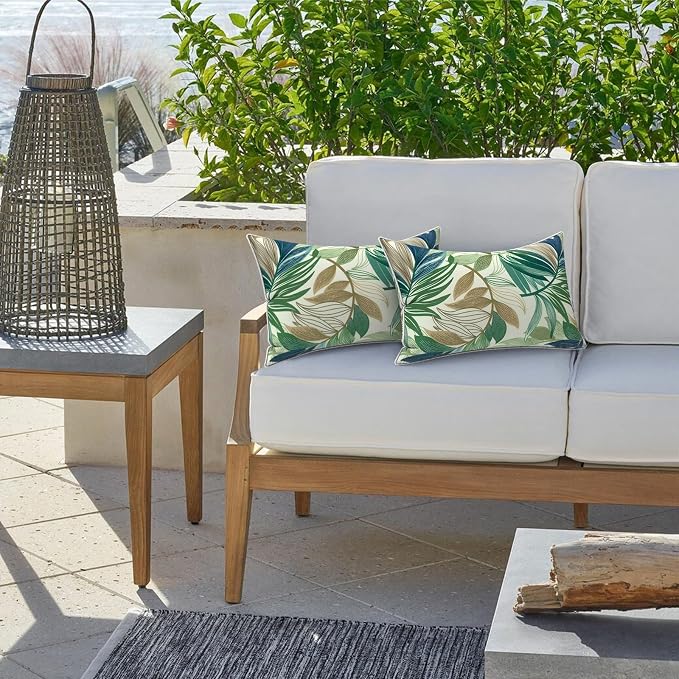 LVTXIII Set of 2 Outdoor Lumbar Pillows for Patio Furniture with White Piping, 12"x20" Fade Resistant Patio Lumbar Pillows with Inserts for Home Coach Sofa Use, Lush Leaf Green