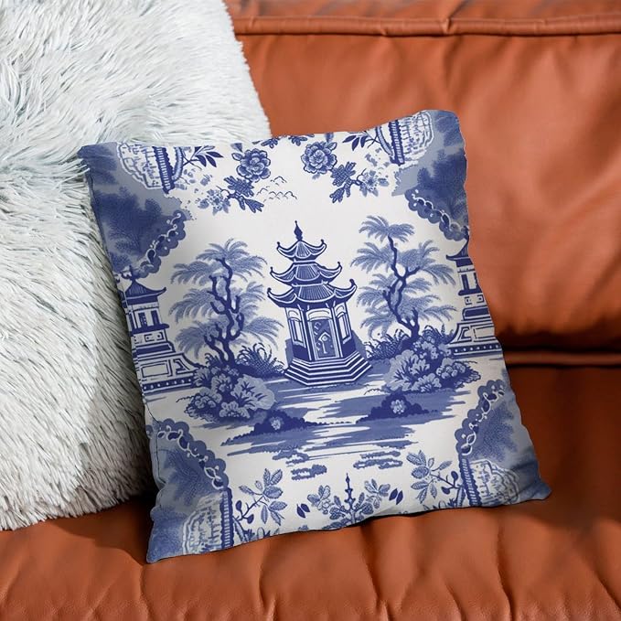 Chinoiserie Blue Asian Pagoda Cushion Cases Chinoiserie Chic Asian Throw Pillow Cover Classic Farmhouse Decor Pillow for Couch Sofa Patio 16x16 in