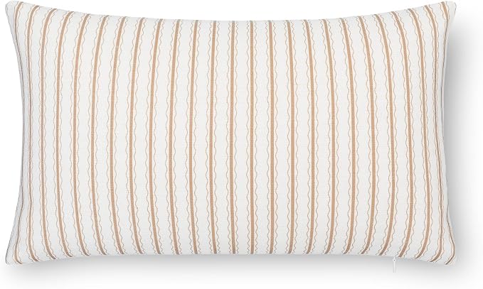 Modern Farmhouse California Casual Indoor Outdoor Lumbar Pillow Cover, 12"x20" Water Repellent for Patio, Backyard, Couch, Poolside, Ivory Cream Tan Print Wave Stripes