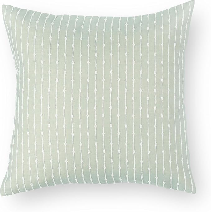 Modern Farmhouse Fall Linen Indoor Outdoor Throw Pillow Cover Only, 20"x20" Water Repellent for Patio, Backyard, Couch, Light Green Embroidered Stripes