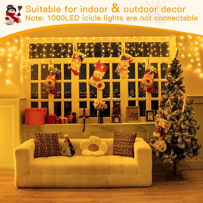 Ollny Icicle Lights for Outside 1000LED 82FT, Warm White Christmas Light with Remote 8Modes Timers Waterproof Dimmable, Plug in Hanging Lights for Outdoor Indoor House Roof Holiday