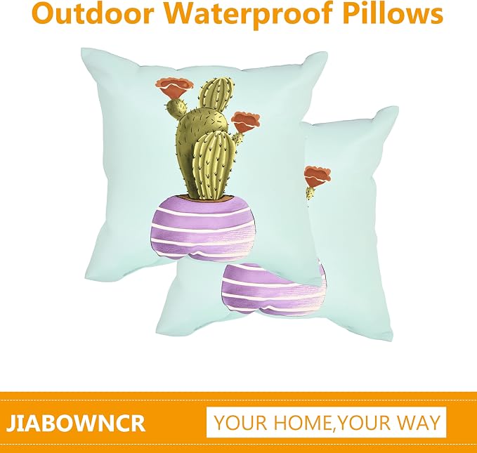 18" Outdoor Throw Pillows Set of 4, Waterproof&Fade Resistant Patio Furniture Pillows with Built-in Inserts, All-in-One Light Blue Cactus Print Design for Sofa, Patio or Backyard Relaxation