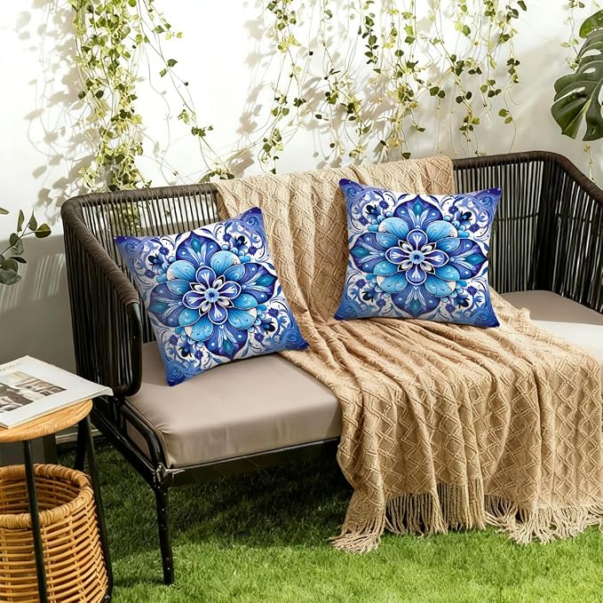 16x16 Inch Outdoor Pillow Covers Set of 2 Waterproof Throw Pillow Covers Decorative Couch Cushion Covers Flower Boho Square Pillowcases Protectors for Patio Garden Sofa