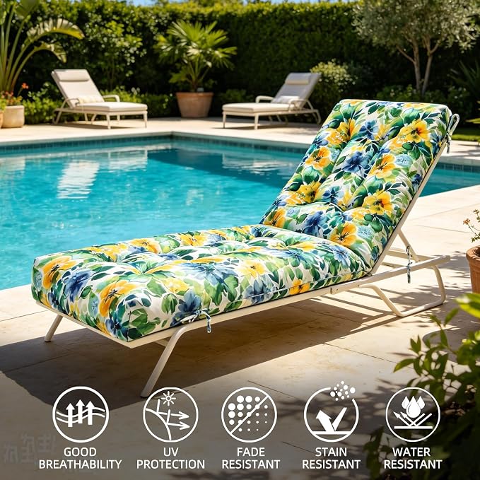 Patio Chaise Lounge Cushions, 68"x21"x4.5" Waterproof Replacement Beach Pool Lawn Outdoor Lounge Chair Cushion with Pocket, Non-Slip Bottom & Secure Ties for Outdoor Furniture, Flower Green