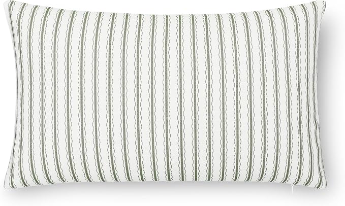 Modern Farmhouse California Casual Indoor Outdoor Lumbar Pillow Cover, 12"x20" Water Repellent for Patio, Backyard, Couch, Poolside, Oliver Green Print Wave Stripes