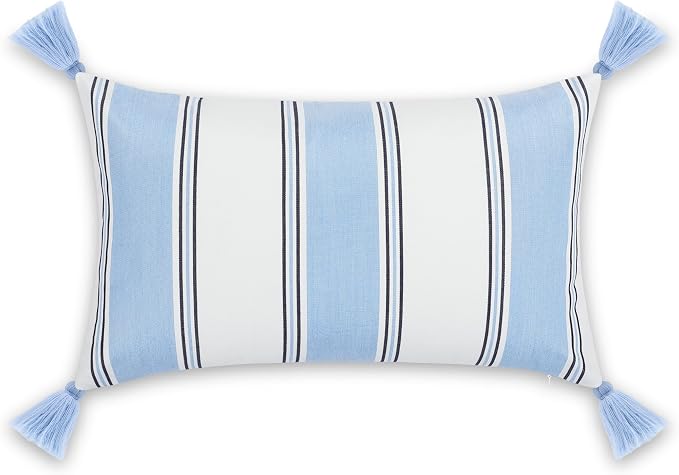 Hofdeco Premium Coastal Hampton Outdoor Performance Lumbar Pillow Cover Only, 12"x20" Water Repellent, UV and Fade Resistant for Backyard, Couch, Poolside, Azure Blue Indigo Woven Harbor Stripes