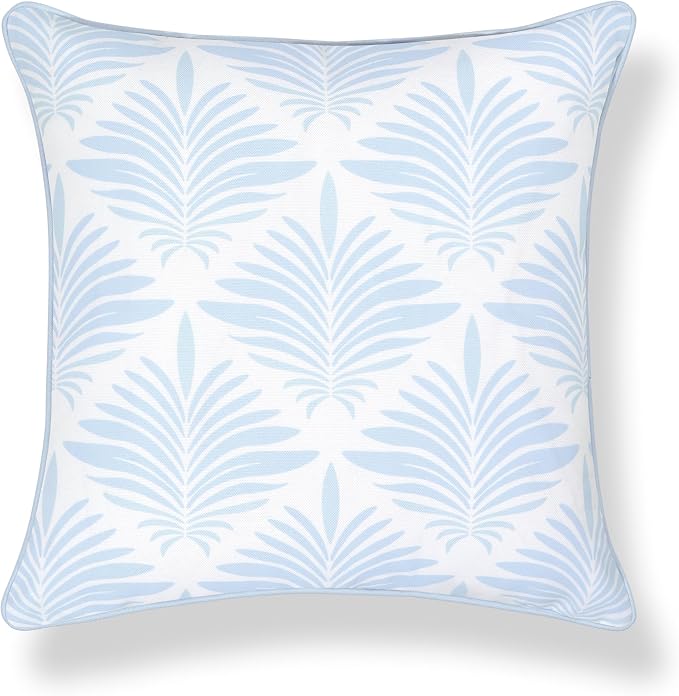 Hofdeco Premium Grandmillennial Coastal Hampton Patio Indoor Outdoor Throw Pillow Cover Only, 20"x20" Water Repellent for Backyard, Couch, Poolside, Baby Blue Print Abstract Plam Leaves