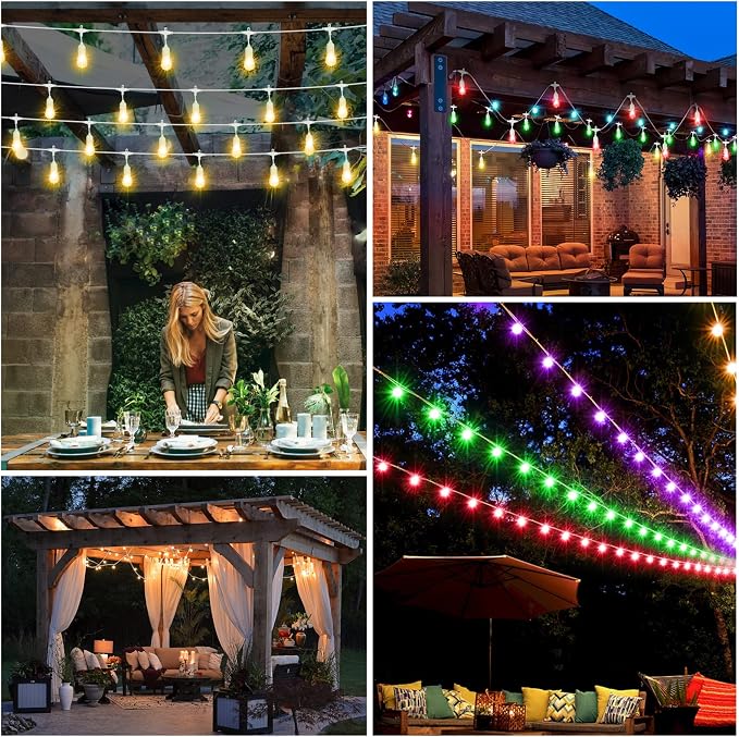 Multicolor 48FT LED Outdoor Patio String Lights with Remote, White | Plug in, 8 Lighting Modes, 15+2 S14 RGB Edison Bulbs, Dimmable, Shatterproof, Waterproof, Linkable, for Wedding Birthday Yard
