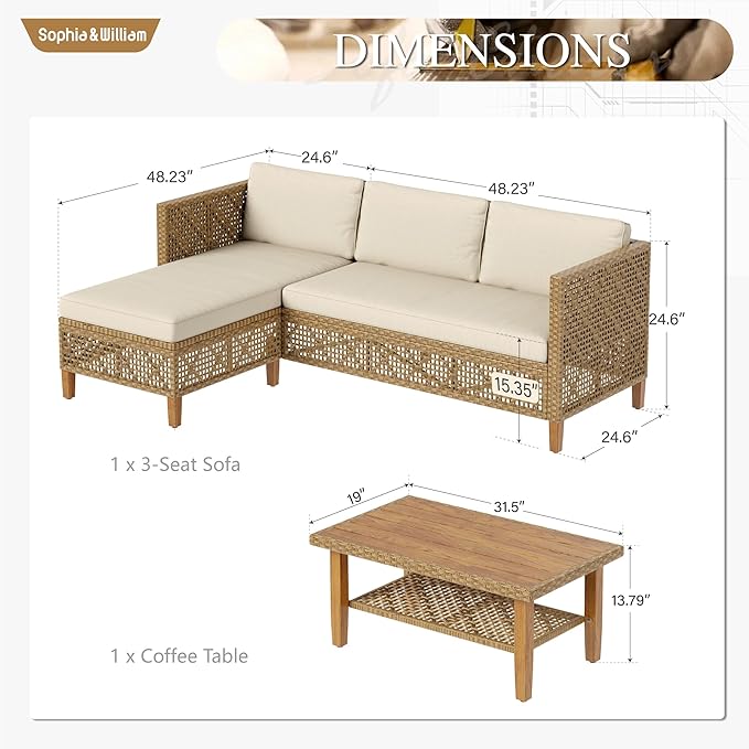 Sophia & William Outdoor Rattan Sofa Set with Thick Cushions & Coffee Table, Weather-Resistant Patio Furniture Set Sectional Couch for Patio Backyard Deck(Beige)