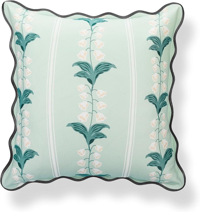 Hofdeco Premium Coastal Hampton Patio Indoor Outdoor Throw Pillow Cover Only, 20"x20" Water Repellent for Backyard, Couch, Poolside, Pale Forest Green Print Watercolor Striped Lily of the Valley