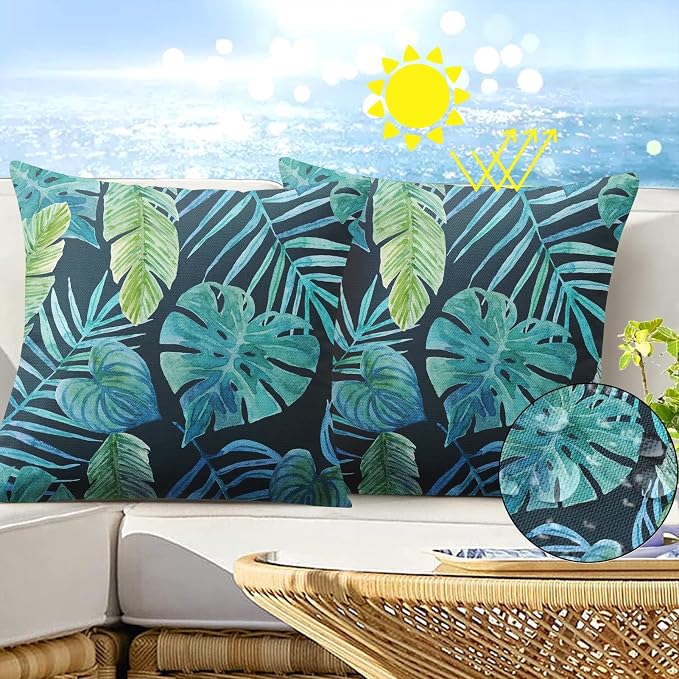 Outdoor Pillow Covers, Palm Leaf, Set of 2, Waterproof, 18 x 18Inch | Greenery Tropical Plants Outdoor Square Cushion Case Pillowcase Decorative Pillows Couch Beach Patio