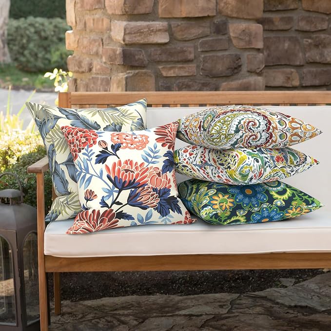 Outdoor 16x16 Inch Throw Pillow Covers Set of 2, Covers ONLY, All Weather Square Pillow Cases, Patio Cushion Pillow of Home Furniture Use, Red Chrysanthemum
