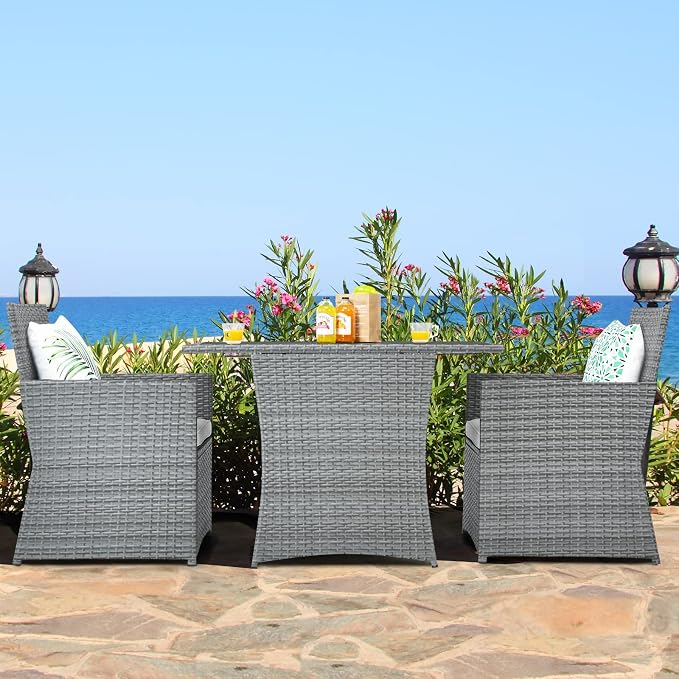 RELAX4LIFE 3-Piece Outdoor Furniture Set - All-Weather Wicker Rattan Patio Dining Set w/Tempered Glass Coffee Table & Cushions, Modern Bistro Conversation Set for Yard Balcony (White)
