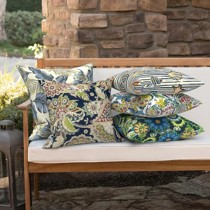 Outdoor 16x16 Inch Throw Pillow Covers Set of 2, Covers ONLY, All Weather Square Pillow Cases, Patio Cushion Pillow of Home Furniture Use, Paisley Sapphire Blue