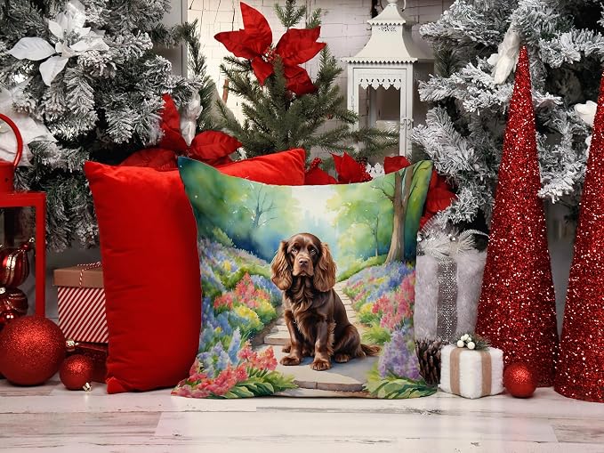 Caroline's Treasures Sussex Spaniel Spring Path Throw Pillow Machine Washable, Indoor Outdoor Decorative Pillow for Couch, Bed or Patio, 14Hx14W