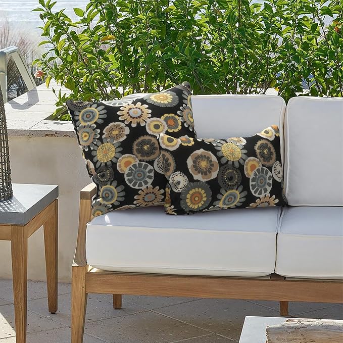 Outdoor Lumbar Pillows 12x20 inch, Rectangle Throw Pillows with Inserts, Decorative Lumbar Cushions for Patio Furniture Garden Couch Home Sofa Office Chair, Pack of 2,Black Yellow Crosby