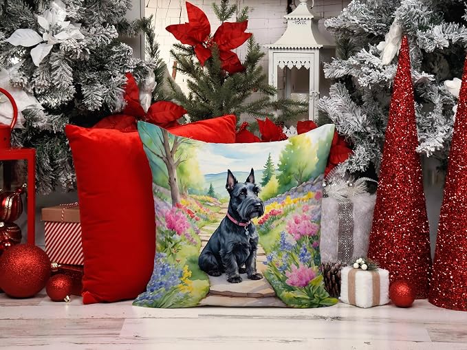 Caroline's Treasures Scottish Terrier Spring Path Throw Pillow Machine Washable, Indoor Outdoor Decorative Pillow for Couch, Bed or Patio, 14Hx14W
