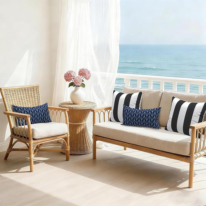 Outdoor Lumbar Pillows, Water Repellent Cushion Pillows 12x20 Inch, Outdoor Pillows with Inserts for Home Garden, Pack of 2, Herringbone Navy