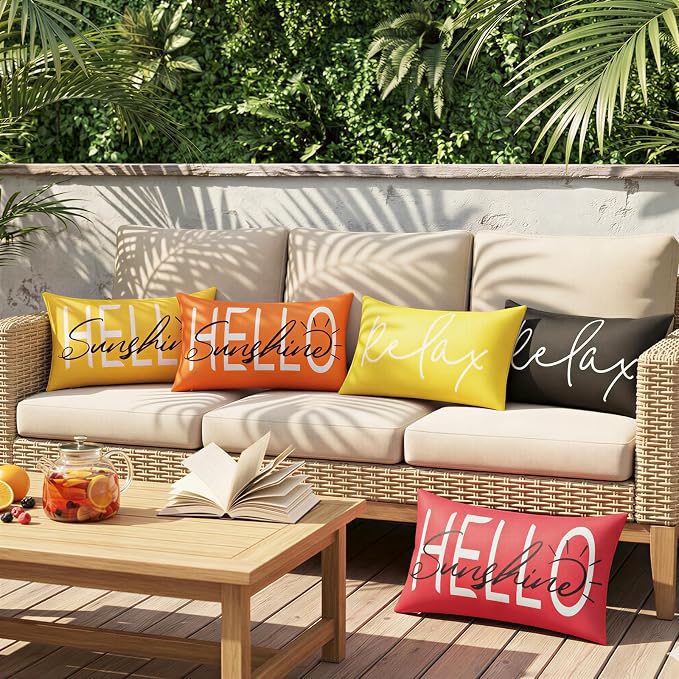 Lewondr Waterproof Outdoor Throw Pillow Cover, 12×20", Red | 2 Pack, Hello Sunshine Printing, Summer Garden Decor, For Patio Sofa, Balcony Couch, Bench Porch