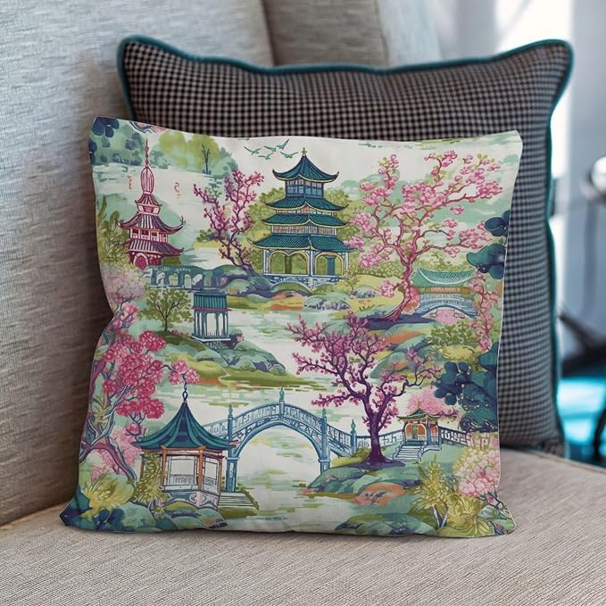 Chinoiserie Pagoda White Coral Blue Asian Pillow Cover Chinoiserie Chic Asian Pillowcase 26x26 INAbstract Accent Decorative Cushion Cases Home Decor for Patio Furniture Tent Garden