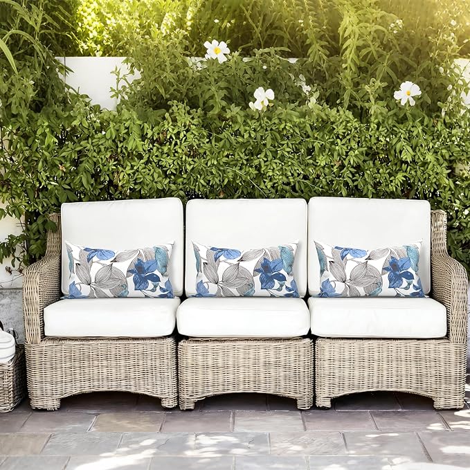 LVTXIII 12×20 Inch Outdoor Lumbar Pillows, Pack of 2 Water Repellent Lumbar Pillow with Inserts, Fluffy Decorative Garden Lumbar Cushions for Home Patio Coach Sofa Use, Clemens Noir Blue
