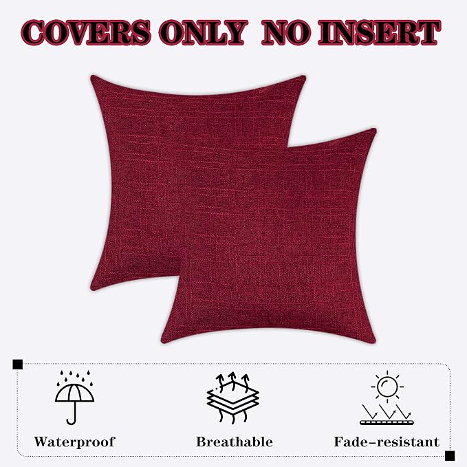 Kevin Textile Outdoor Waterproof 26”x26” Pillow Covers 2 Pack, Red | Water Resistant, Soft Faux Linen-cotton Yarn-dyed Woven Texture Throw Pillow Covers for Tent Patio Garden Couch Sofa